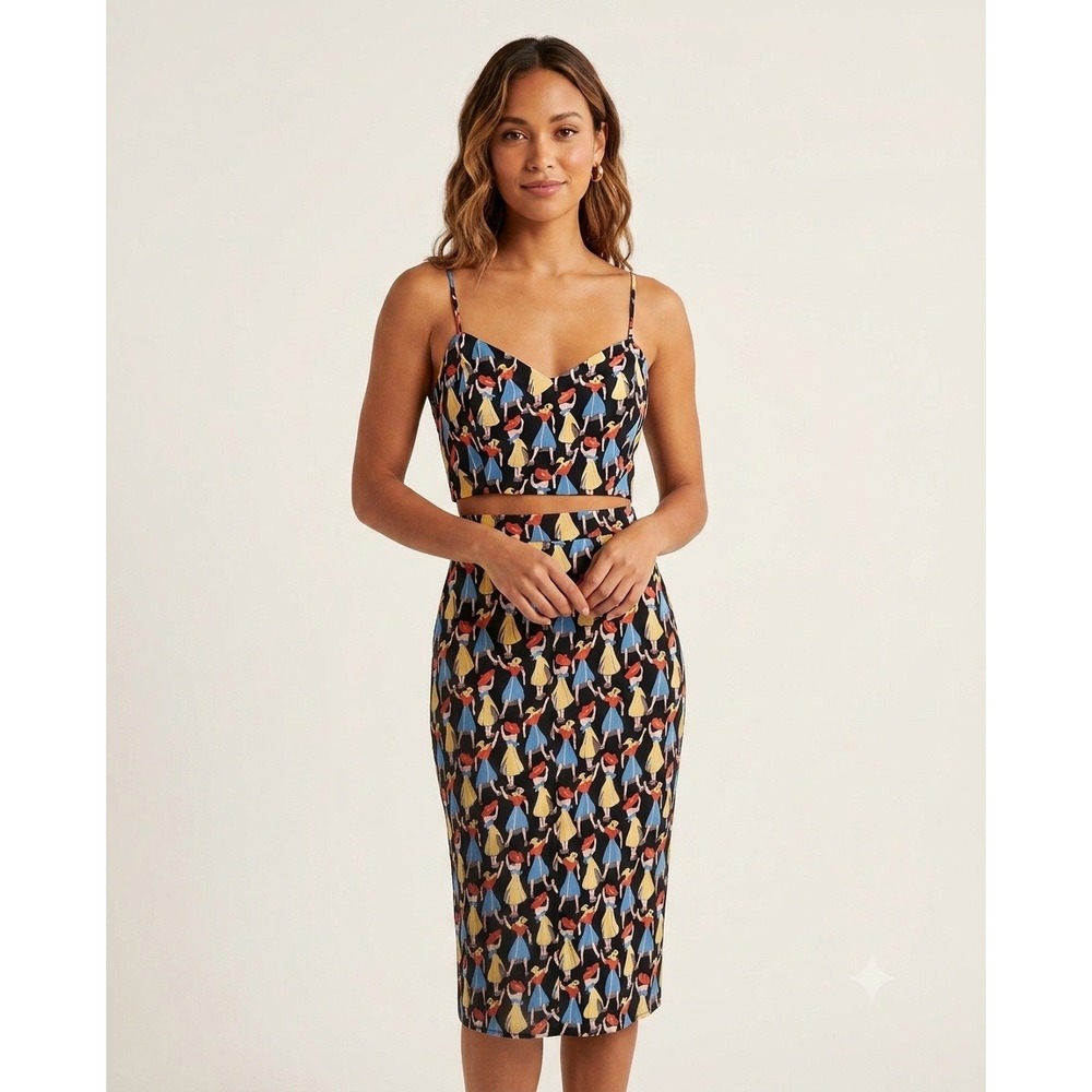 Reformation 2pc Set Women 8 Black Multi‎ Dancing Ladies Crop Top Midi Skirt